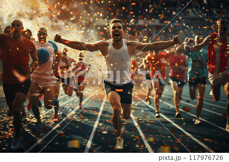 A team of athletes and coaches stands in ecstatic celebration, their joyous faces reflecting the triumph of breaking a world record, showcasing the power of teamwork, culture of possibility 117976726