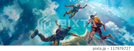 Friends enjoy a thrilling skydiving adventure, soaring over a picturesque landscape, embodying the bucket list lifestyle with adrenaline and panoramic vistas, bucket list lifestyle, banner 117976727