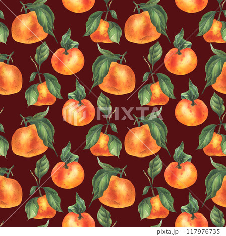 Orange tangerines with green branch and leaves, citrus tropical fruit. Watercolor illustration, hand drawn. Seamless pattern on a burgundy background 117976735