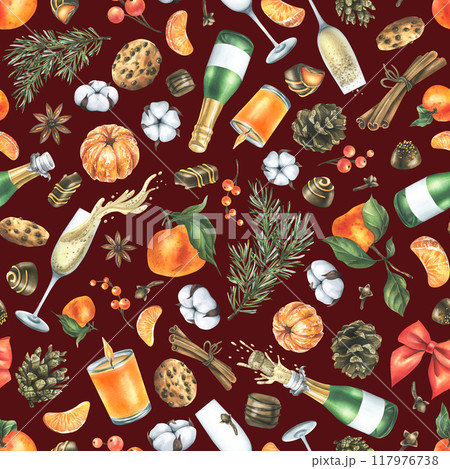 Christmas collection with tangerines, sweets, spices, champagne and plants. Watercolor illustration, hand drawn for holiday decor. Seamless pattern on a burgundy background 117976738