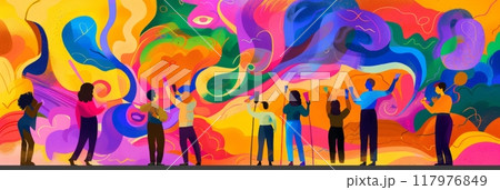 Working together, a group of friends paints a mural on a community wall, adding color and life to the area, this shared artistic endeavor promotes community spirit and collaboration, do it together, 117976849