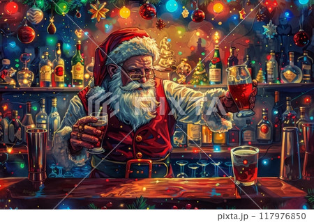 A jolly bartender in a Santa Claus costume expertly mixes a festive cocktail behind a beautifully decorated bar, creating a lively and merry atmosphere perfect for joyful holiday celebrations 117976850
