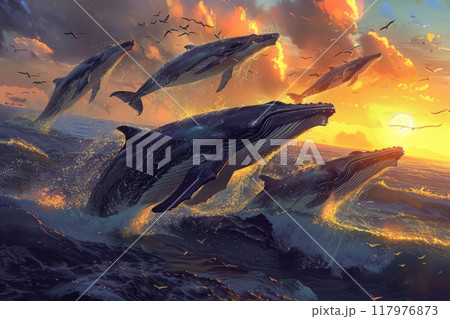A flock of frolicking whales jumps out of the water 117976873