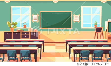 School empty classroom interior horizontal background. Desks tables chairs green chalk board. education teaching and studying banner design. Vector flat cartoon style illustration 117977012