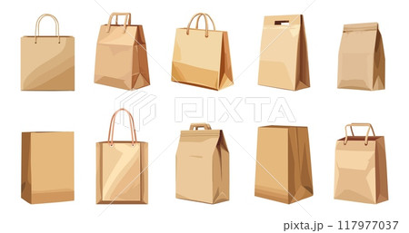 Craft brown paper shopping bag with and without handle set. Gift bag with rope handle. Front side view. Mockup template. Takeaway rocery and food package. Cartoon style isolated vector clipart Craft brown paper shopping bag with and without handle set. Gift bag with rope handle. Front side view. Mockup template. Takeaway rocery and food package. Cartoon style isolated vector clipart 117977037