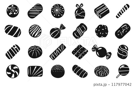 Candy silhouette black icons set. Chocolate praline wrapped candies. round square. Sweet tasty desserts lollipops. Valentine party present decoration elements. Simple black and white flat style 117977042