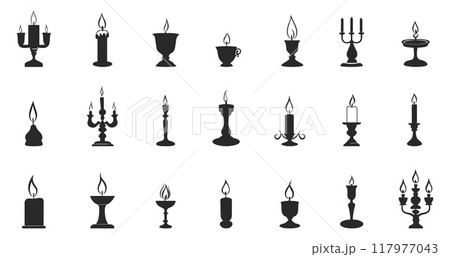 Candles in candlesticks black icons set. Candlholders candelabra with flaming candles for party holidays religiouse needs. Light symbol. Simple black and white flat style isolated vector clipart 117977043
