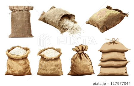 Burlap brown sack of rice set. Closed and opened. Laying on top of each other on its side with rice spilling out. Big textile bagging bags for farm grain products. Cartoon style isolated vector 117977044