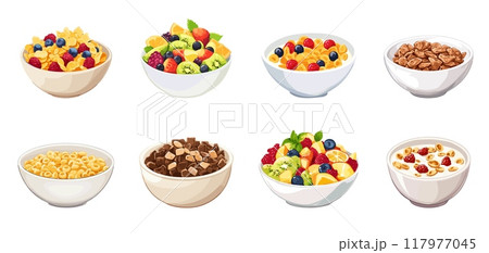 Breakfast in a white bowl. Fresh summer ripe fruits salad chocolate cornflakes with milk. Strawberries, bananas blueberries. Healthy organic fit food. Cartoon style isolated vector clipart collection 117977045