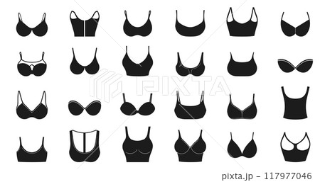 Bra icons set. Sexy underwear lingerie symbol. Types of ladies underclothing. Woman wardrobe garment. Sports longline adhesive straples corset bandeau bra. Simple black and white flat style isolated 117977046