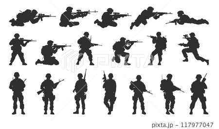 Black silhouette of military soldiers set with gun. Standing aiming the goal holding weapon walking lies on the ground. Special forces. Army people in full gear. Flat cartoon style isolated vector 117977047
