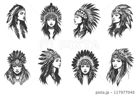 Beautiful indian north american woman portrait set. Apache girl in a traditional tribe headdress with feathers. Warrior girl shamanic female. Simple black and white flat tatoo style. Isolated vector 117977048
