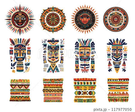 Aztec ethnic african ornament set. Round meanders decorative tribal patterns ornate masks. Traditional textile fabric decorative motif elements. Cartoon style isolated vector clipart collection 117977050