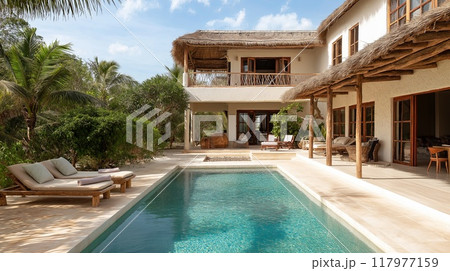 Luxury beach villa with modern swimming pool in tropical resort. Nobody inside 117977159