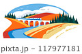 autumn viaduct. vector flat illustration. Yellow and orange hills of the valley. Blue river. Vector flat illustration 117977181