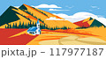 A lonely Christian church among the autumn mountains. Vector flat illustration. Pastoral rural season landscape 117977187
