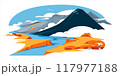 autumn mountain landscape. Calm blue river. Orange and yellow season. Vector flat illustration 117977188