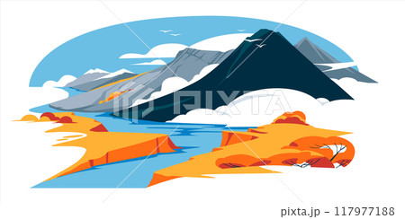 autumn mountain landscape. Calm blue river. Orange and yellow season. Vector flat illustration autumn mountain landscape. Calm blue river. Orange and yellow season. Vector flat illustration 117977188