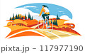 a girl cyclist on an autumn field. The landscape of the horizon of the season. Eco transport. Vector flat illustration 117977190