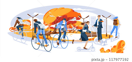 People on ecological transport in the city park. Bicycles, electric scooters. Autumn season. Urban flat vector illustration People on ecological transport in the city park. Bicycles, electric scooters. Autumn season. Urban flat vector illustration 117977192