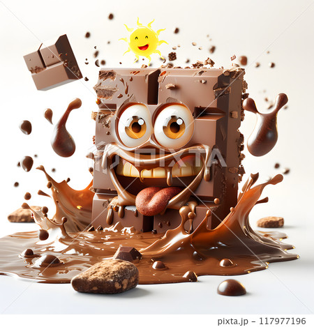 A playful chocolate bar splashes in melted chocolate with a cartoon sun in a delightful dessert setting 117977196