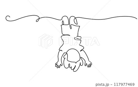 Happy little child hanging upside down on tree branch. Continuous one line drawing 117977469