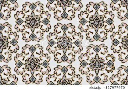 Flourish seamless pattern european retro interior decor style. Floral ornament with fantastic flowers and leaves. 117977670