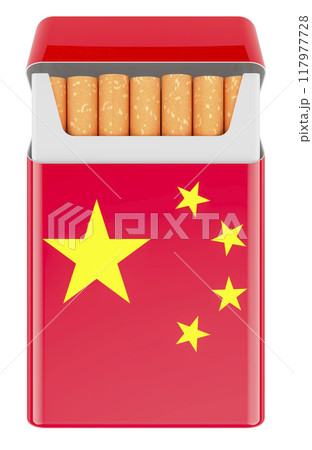 Pack of Cigarettes with Chinese Flag. 3D rendering Pack of Cigarettes with Chinese Flag. 3D rendering 117977728
