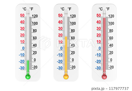 Weather Thermometers. Set of thermometers with cold, warm and hot temperatures. 3D rendering 117977737