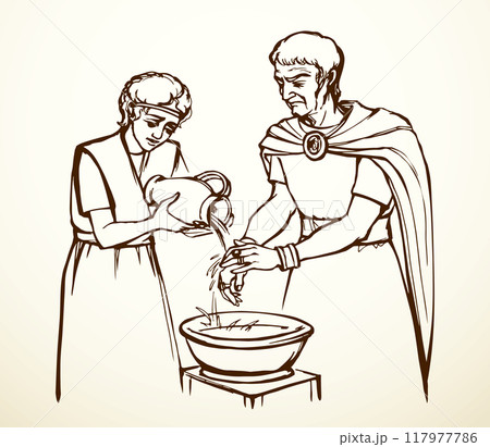 Vector drawing. Pilat washes his gands 117977786