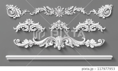 Intricate floral baroque-style bas-relief ornamentation. Set of highly detailed, ornate bas-relief elements featuring floral and leaf motifs 117977953