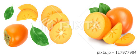 persimmon fruit with slices isolated on white background. Top view. Flat lay pattern 117977984