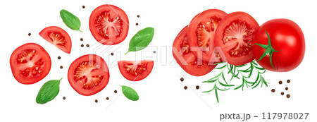 Tomato slices with basil and peppercorns isolated on white background. Clipping path and full depth of field. Top view. Flat lay 117978027