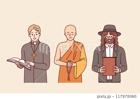 Spiritual leaders from different religious movements, dressed as catholic and buddhist or jewish 117978060