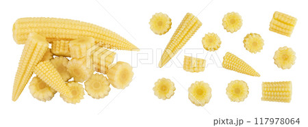 Pickled young baby corn cobs isolated on white background. Top view. Flat lay 117978064