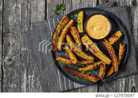 bbq corn ribs on a plate, top view 117978097