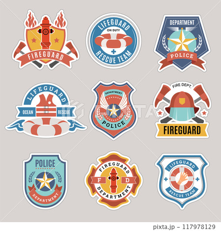 Guard service. Badges of life and police or fireguard security forces officers recent vector emblems with place for text 117978129
