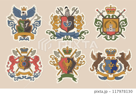 Heraldic badges. Luxury identity elements shield and weapons with ribbons and place for personal text recent vector template collection Heraldic badges. Luxury identity elements shield and weapons with ribbons and place for personal text recent vector template collection 117978130