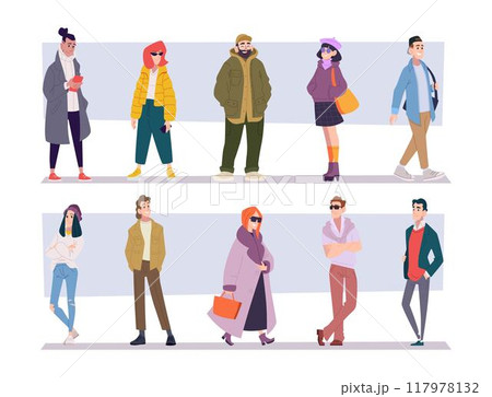 People in clothes. Trendy urban outfits for male and female characters exact vector standing people People in clothes. Trendy urban outfits for male and female characters exact vector standing people 117978132