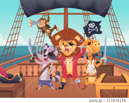 pirates. lion giraffe raccoon and monkey standing on pirate ship in cartoon costumes 117978138