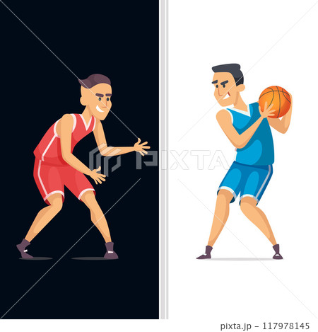 basketball players. active sportsmen in t-shirt uniform playing with basketball. vector team competition basketball players. active sportsmen in t-shirt uniform playing with basketball. vector team competition 117978145