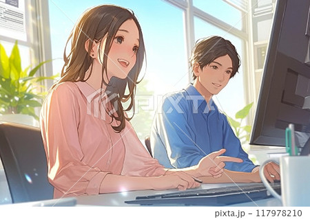 ディスプレイを見ながら笑顔で打ち合わせするビジネスパーソン男女_1 ディスプレイを見ながら笑顔で打ち合わせするビジネスパーソン男女_1 117978210