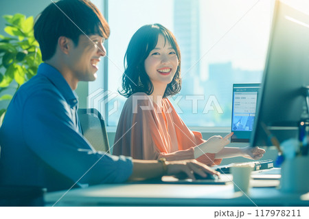 ディスプレイを指さすビジネスウーマン_1 117978211