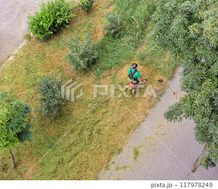 worker mows the grass with a gasoline brushcutter 117978249