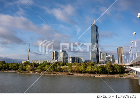Vienna, Austria, August 23, 2022. Amazing cityscape of the Donau 117978273
