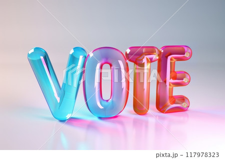 3D Vote text in gradient blue and red glass. Shiny, reflective typography perfect for political campaigns, modern election designs, and digital art visuals 117978323