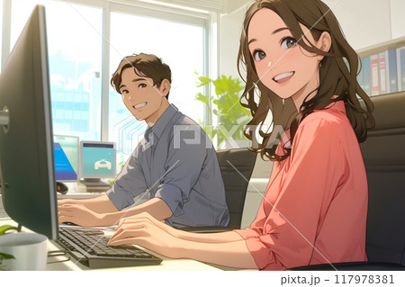 顔を上げたデスクワークするビジネスパーソン男女_1 顔を上げたデスクワークするビジネスパーソン男女_1 117978381