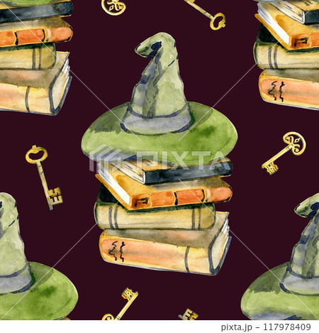 Seamless pattern with books, keys and witch hat in watercolor style. Pattern with stacks of books. Template, wallpaper, pattern for printing in watercolor style 117978409