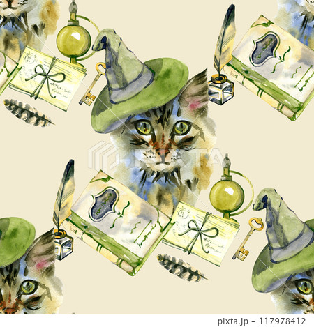 Bright hand-drawn seamless Halloween pattern. Mystical watercolor background with cat in a hat, spell book, feathers for wrapping paper, fabrics, packaging design, party, cover. Bright hand-drawn seamless Halloween pattern. Mystical watercolor background with cat in a hat, spell book, feathers for wrapping paper, fabrics, packaging design, party, cover. 117978412
