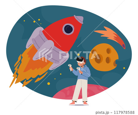 Kid Immersed In A Virtual Reality Game Experience A Thrilling Space Adventure. Image Shows A Child Using Vr Headset Kid Immersed In A Virtual Reality Game Experience A Thrilling Space Adventure. Image Shows A Child Using Vr Headset 117978588